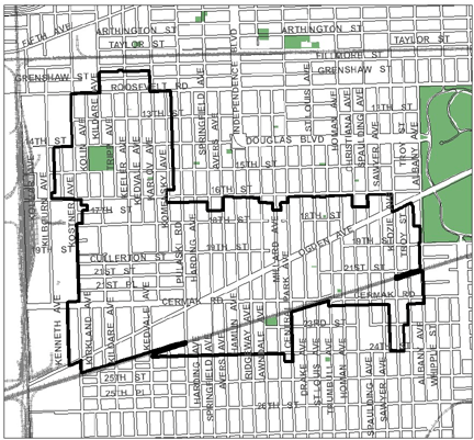Ogden/Pulaski TIF district map, roughly bounded on the north by Fillmore Street, 25th Street on the south, Albany Avenue on the east, and Kilbourn Avenue on the west.
